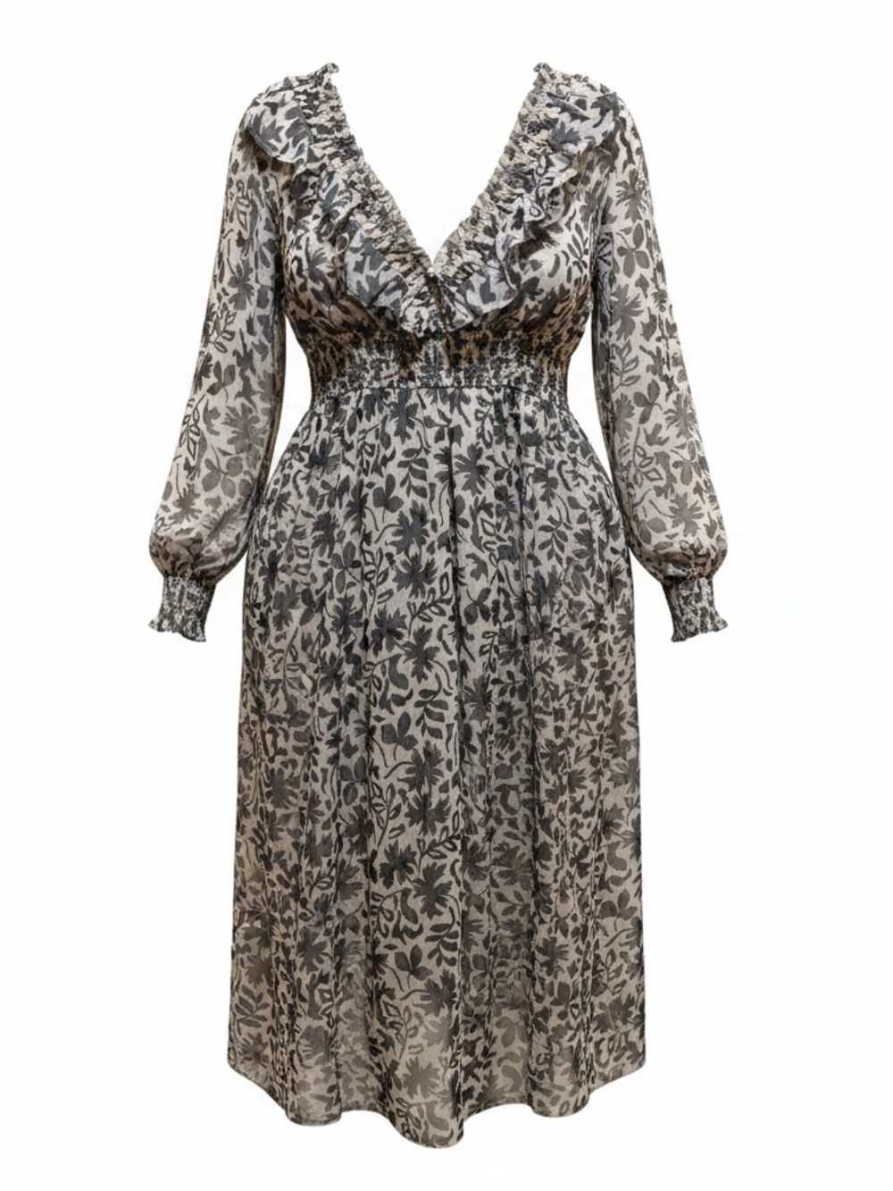 Smoky Floral Ruffle V-Neck Long Sleeve Midi Dress